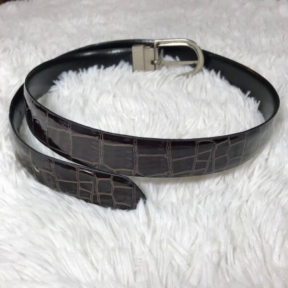 Dark Chocolate Croc Embossed Patent Leather Brushed Silver Metal Buckle Belt - Picture 3 of 9